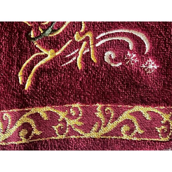 3 Christmas Reindeer Hand Towels 17X10.5Maroon w/ Gold Embroidery 99% Cotton - Picture 7 of 10